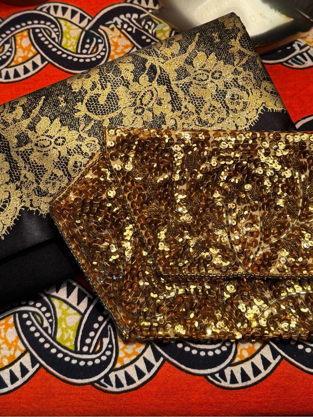 Black Envelope Clutch and Metallic Lace Detail and Gold Sequined Clutch - Glam!
